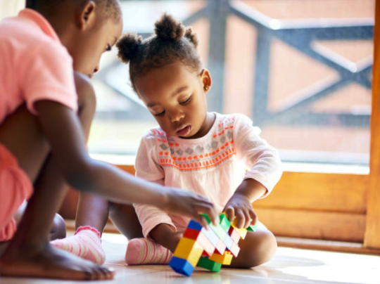 Two children playing with building blocks | Motif