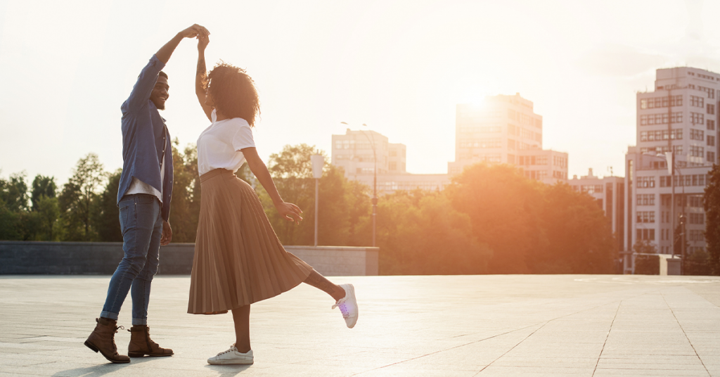 Couple photos at sunset are romantic, no matter where they’re taken.