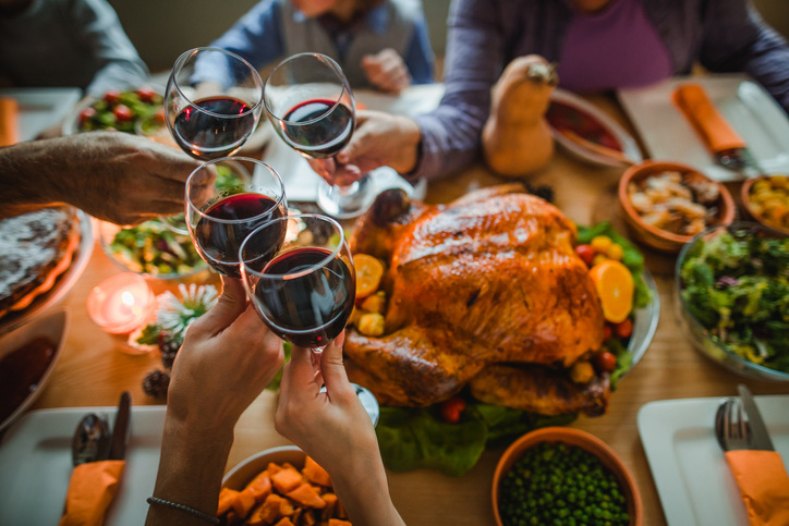 Dinner table with turkey & people clinking glasses of red wine makes great Christmas pictures.