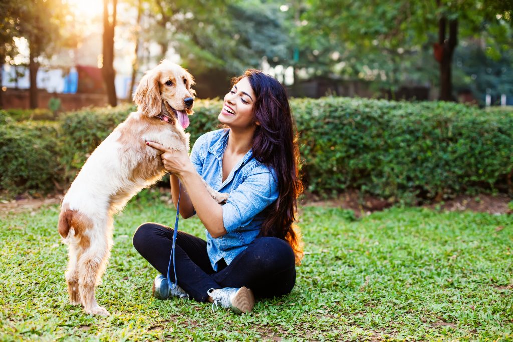 A beautiful woman and her cocker spaniel look relaxed and having fun in this great pet photo.