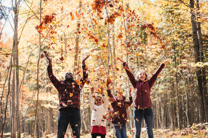 Mom, Dad and two kids tossing leaves is the perfect idea for a Thanksgiving photo card.